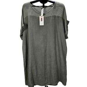Women's Purolino NWT 2X Green 100% Linen Midi Dress‎ Made in Italy Lagenlook